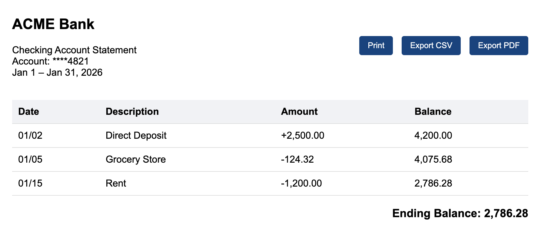 A bank statement with three buttons: Print, Export CSV and Export PDF. The buttons appear top-right above the statement