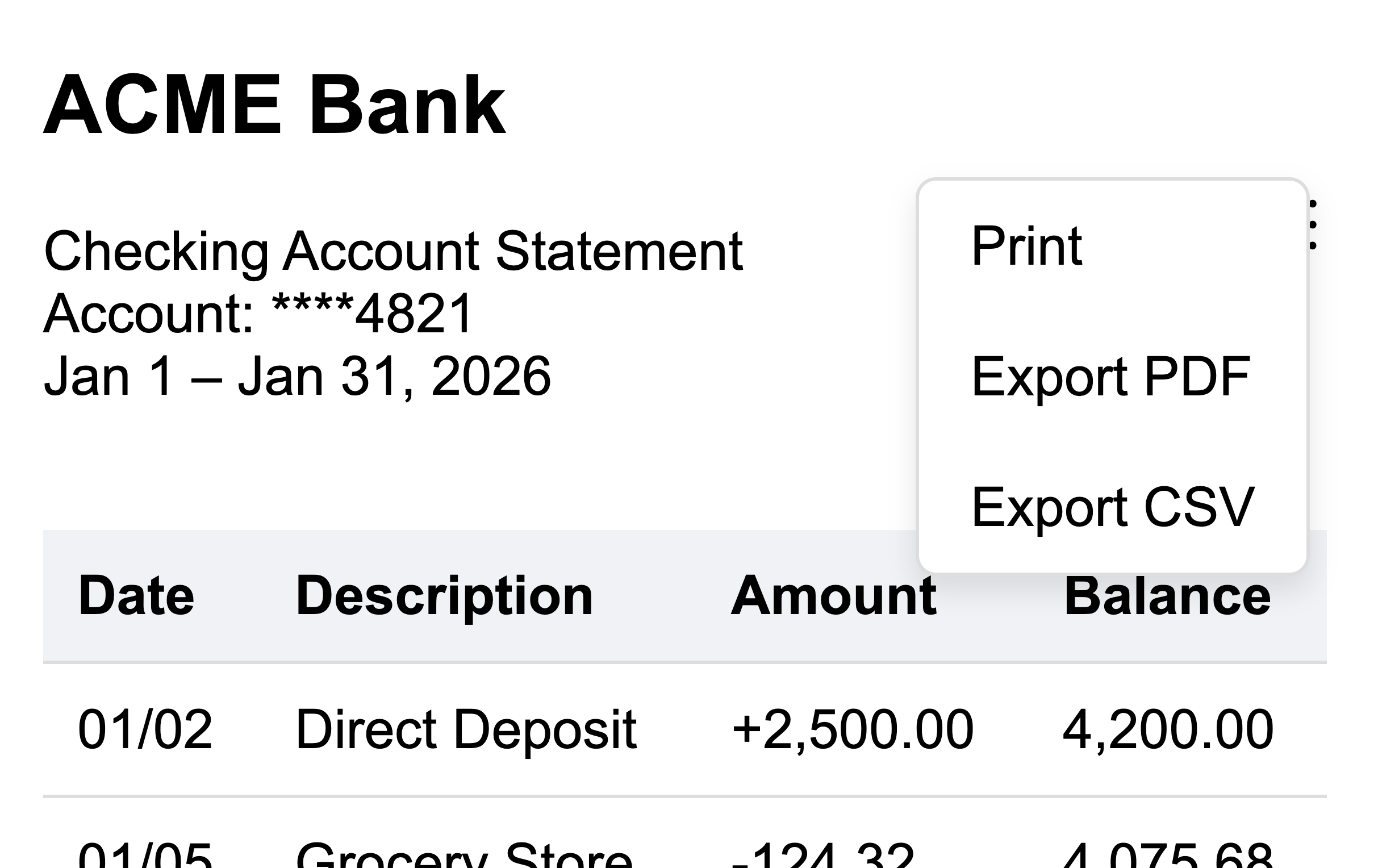 The 'three dots' menu button has been activated, showing Print, Export CSV and Export PDF as menu options