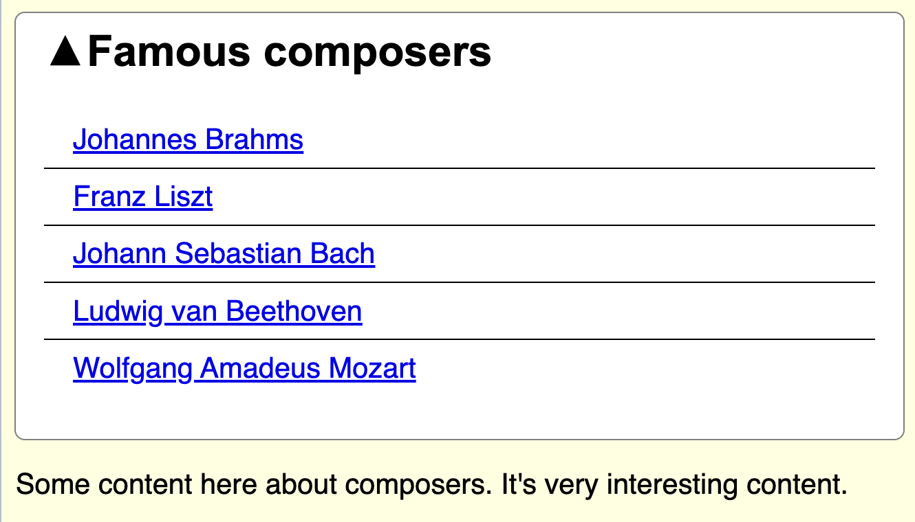 The disclosure, opened, with the disclosure title/trigger text and the revealed content (a list of composer's names), all contained with a white box with a border