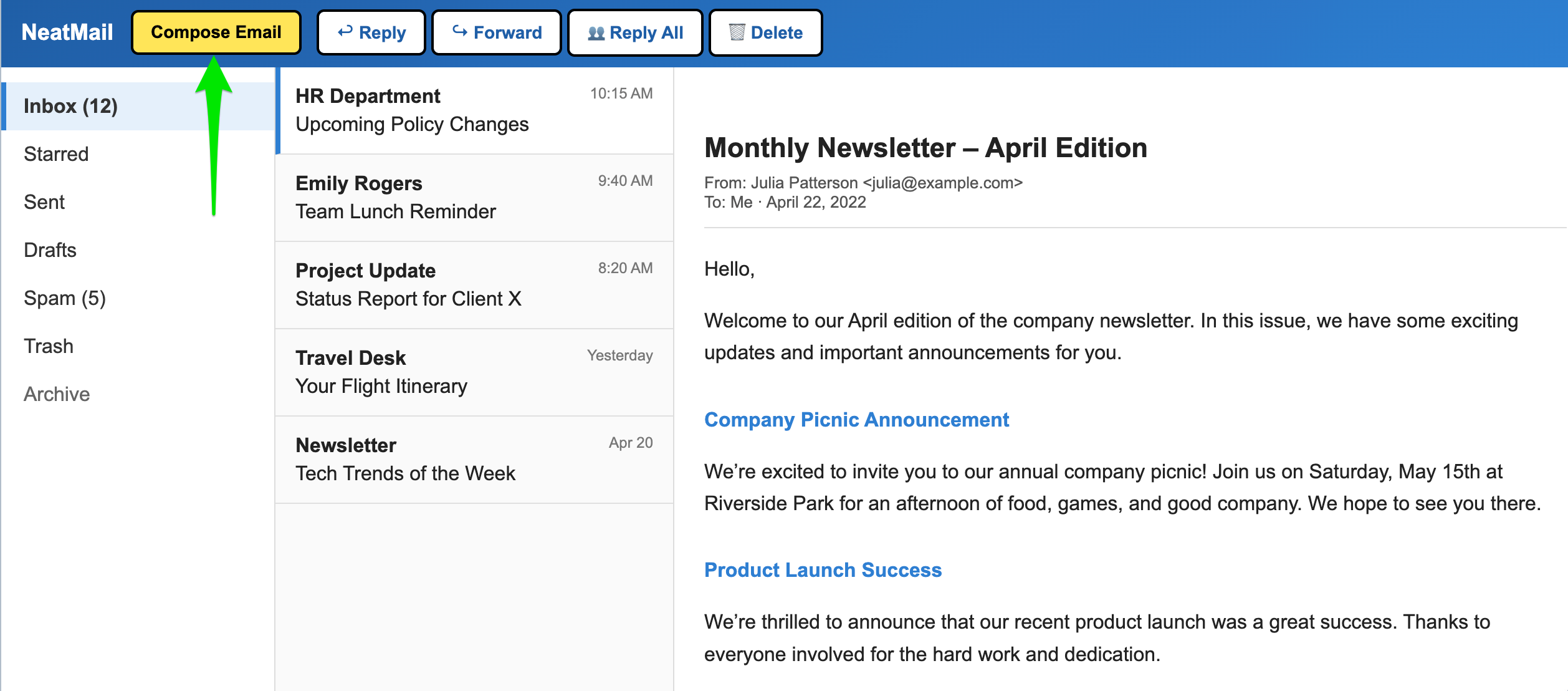 The New email button is positioned top-left, right next to the company branding