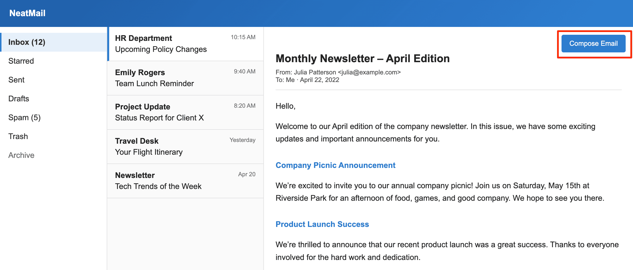 Screenshot of an email client named 'NeatMail'. Mailboxes are in the first column on the left, a list of emails in the inbox are in the second column, and the third column shows the currently selected email. The Compose email button is in the far right corner above the selected email and is highlighted