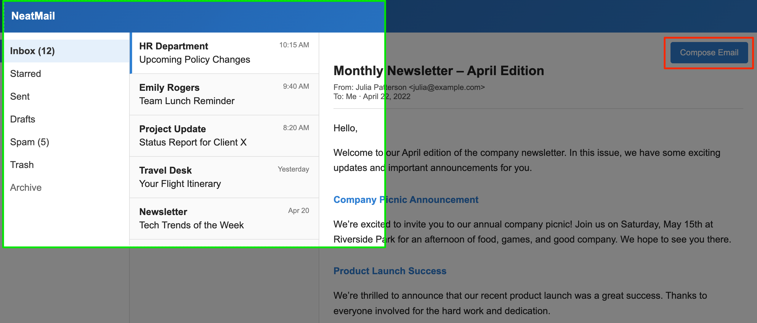 The email client with a highlighted section in the top left quadrant suggesting where people using screen magnification might be exploring the page