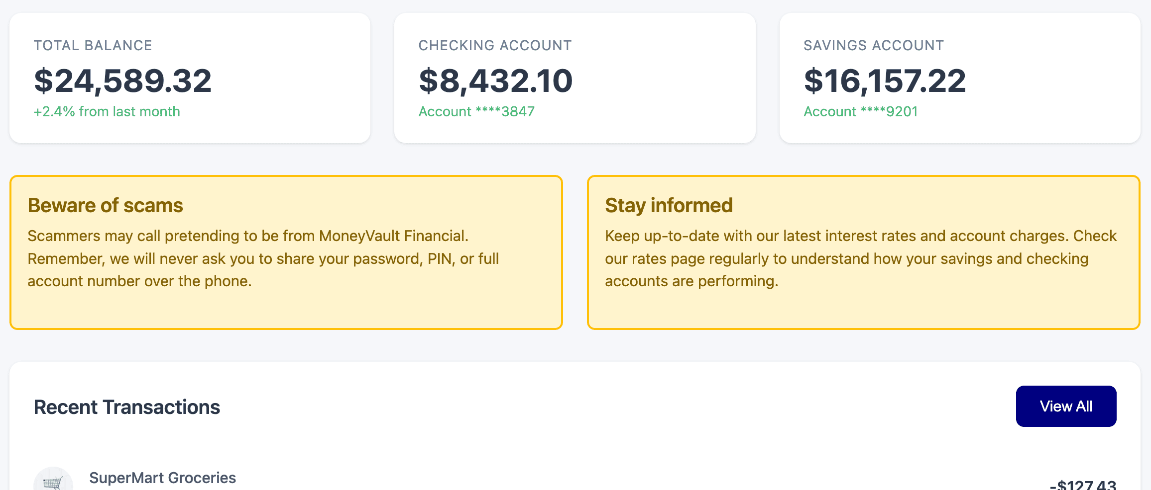 Two blocks of warning or advisory text, side-by-side, with the headings 'Beware of scams' and 'Stay informed'