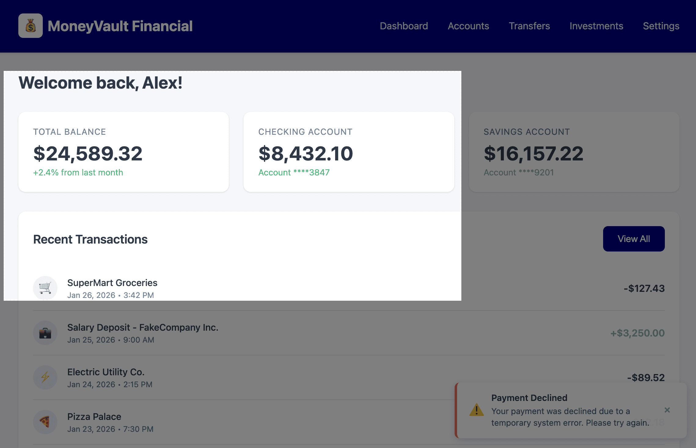 The whole screen is showing, but roughly a quarter of the page is highlighted, indicating where a screen magnification user is currently viewing the page. The toast message is far out of that viewed section of the page