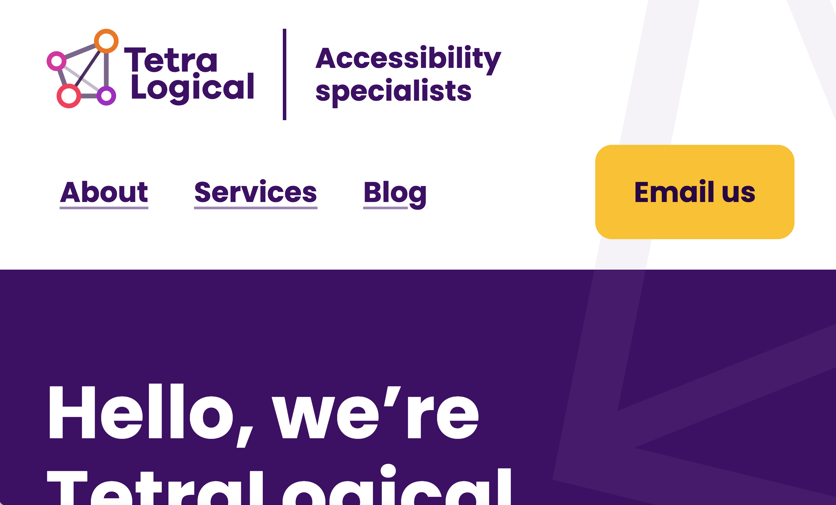 Screenshot of the start of the TetraLogical homepage with the main navigation grouped on a an off white background and main content after it with purple background