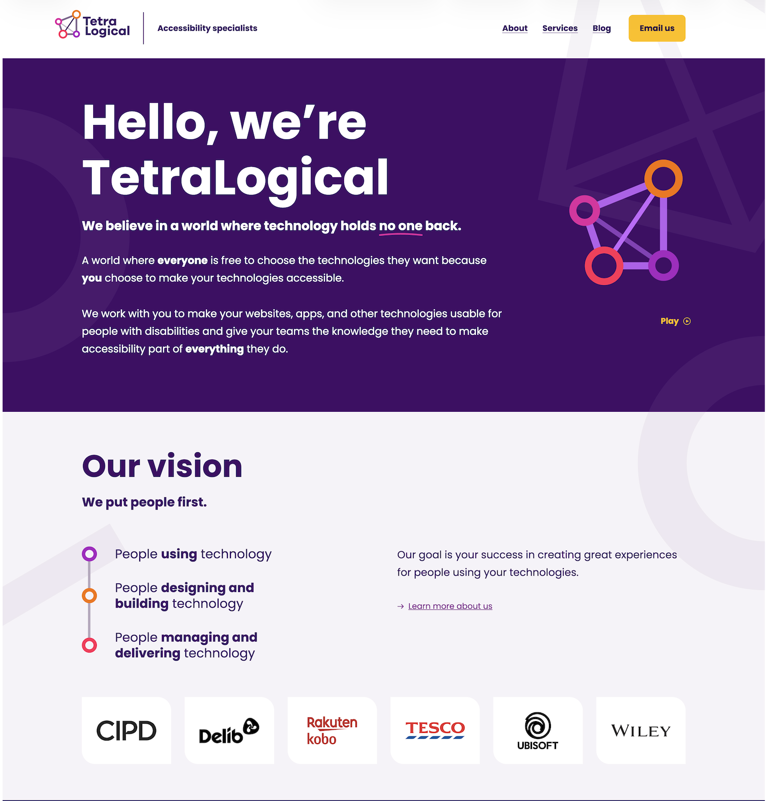 Screenshot of the TetraLogical homepage with the main navigation on an off-white background, with the next section on a dark purple background, and the next section on an off-white background