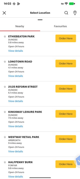 Screenshot of the Select Location screen of the McDonald's website, showing a list of the same restaurants that were displayed as pins on the map, with an Order Here button next to each restaurants