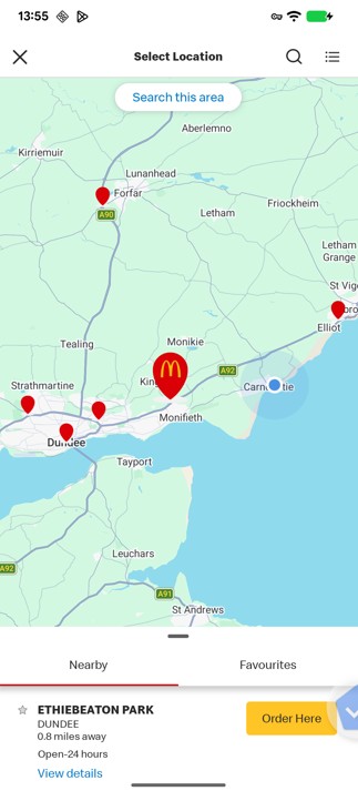 Screenshot of the Select Location screen of the McDonald's website, showing a map of the east of Scotland with pins overlaying various locations where there are McDonald's restaurants