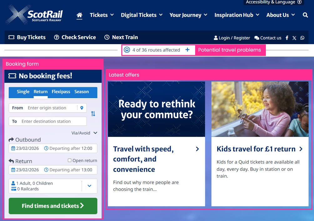 The Scotrail website showing potential travel problems, the booking form, and latest offers