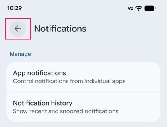The Back button on a screen headed Notifications