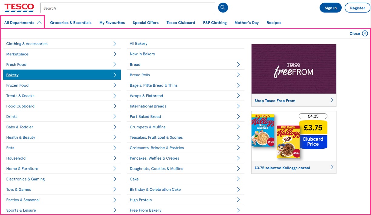 Screenshot showing the expanded All Departments control, containing a list of all pages within the Tesco website