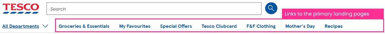 Screenshot of Tesco's main navigation menu, containing the links Groceries and Essentials, My Favourites, Special Offers, Tesco Clubcard, F and F Clothing, Mother's Day, and Recipes