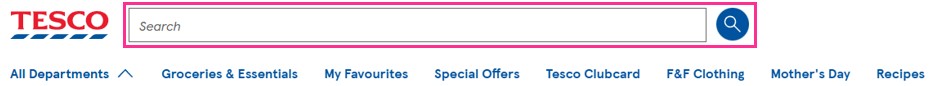 Screenshot of a search field labelled Search on the Tesco website