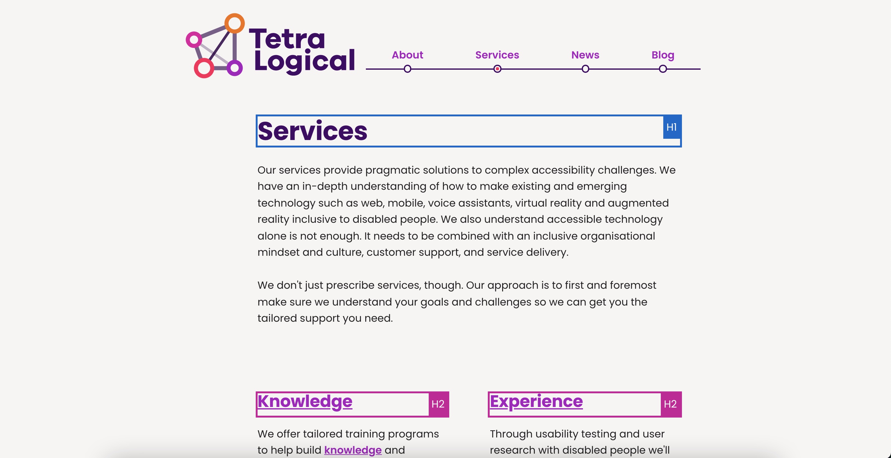 The TetraLogical services page with the headings highlighted using Accessibility Insights