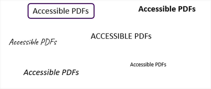 The text “Accessible PDFs” displayed in different formats: all-capital, italic, bold, regular text size, small text size. The text in lower case and regular text size is highlighted