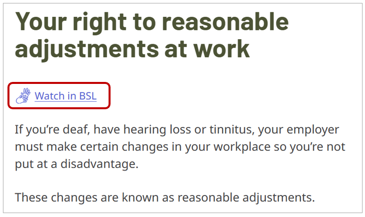A section of content from the RNID website containing a "Watch in BSL" button