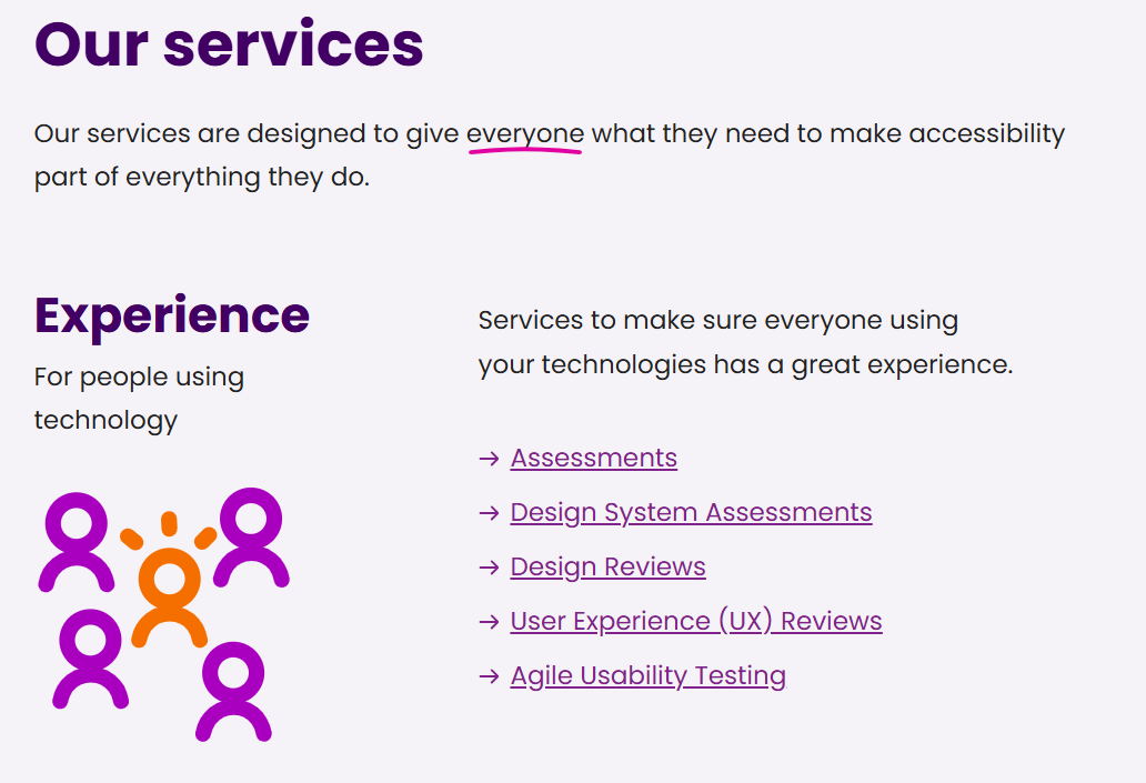 A portion of a web page containing two headings - "Our services" and "Experience" - short sentences and a bulleted list of services.