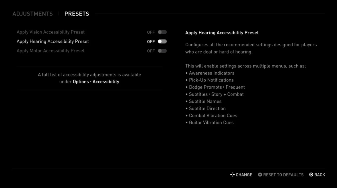 A screen containing a list of accessibility settings and a single toggle button labelled "Apply Hearing Accessibility Preset"