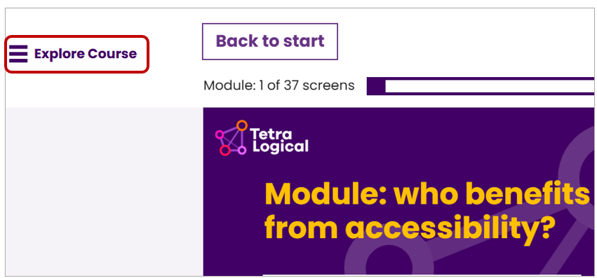 The TetraLogical LMS, containing the Table of Contents button.