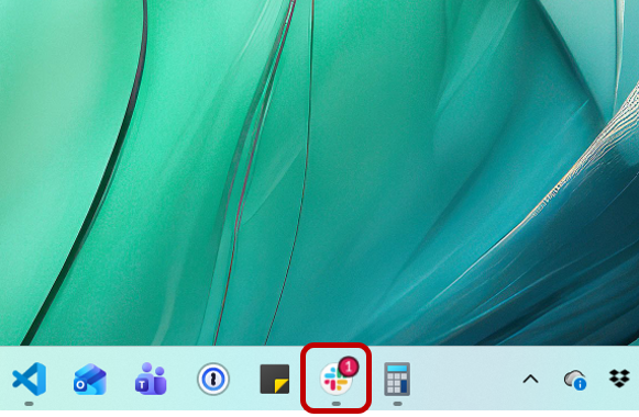 The Slack icon at the bottom of a desktop screen. A red circle containing the number 1 is displayed above it
