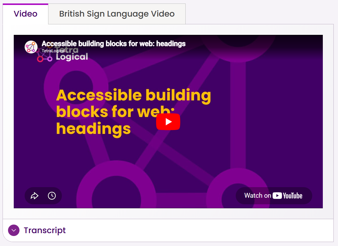 A video player on the TetraLogical website. A "British Sign Language Video" tab is visible just above the video and a "Transcript" disclosure component is immediately below it