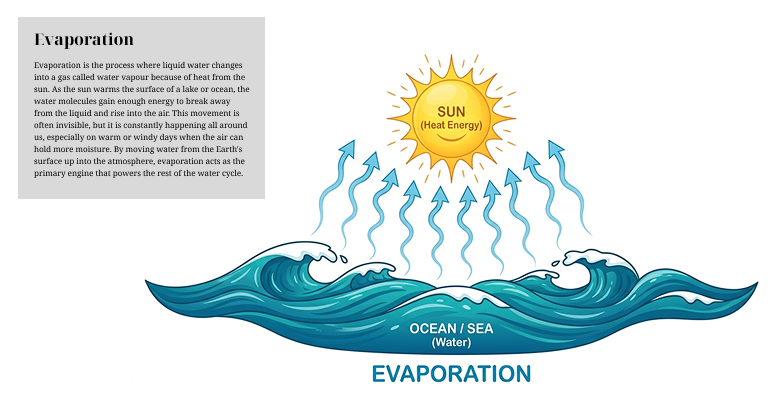 A long block of text explaining the process of evaporation next to a simple image showing the same concept of ocean/sea water turning to vapour thanks to the heat of the sun above