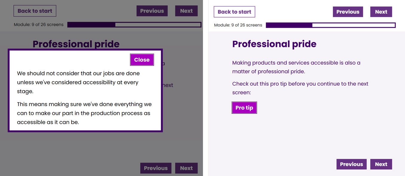 A screen from the TetraLogical LMS, displayed twice. In the first instance, a modal dialog is on screen, containing a "Close" button which has the keyboard focus; in the second instance, no modal is visible and a "Pro tip" button is focused