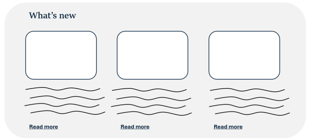 A sketch of a "What's new" section containing three images, each followed by some text and the link "Read more"
