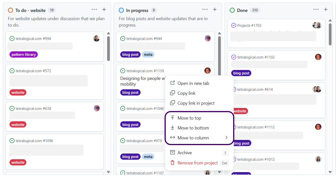 A Kanban board in GitHub. The context menu of an issue ticket is visible and contains the three options mentioned above