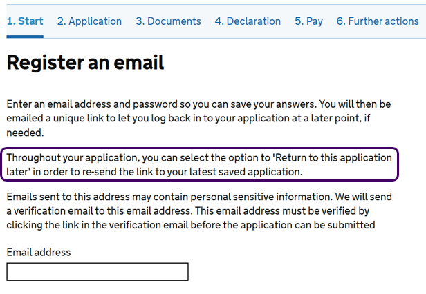 The first step of the form, asking people to register their email so they can save their application and receive a link to the partially filled in form