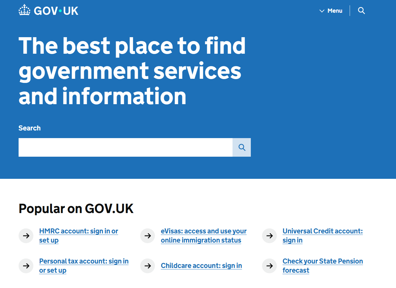 The homepage of the GOV.UK website. A search field is visible immediately after the page heading "The best place to find government services and information"