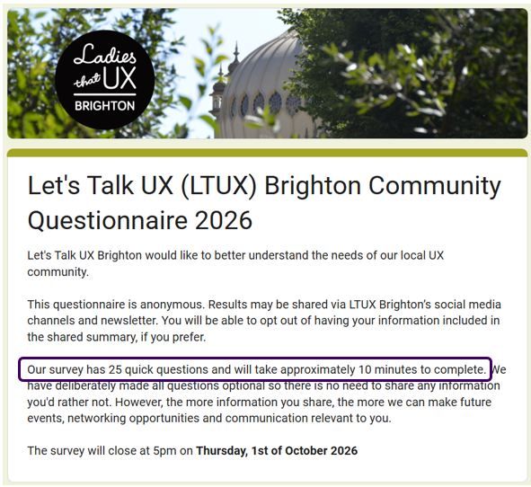 The first screen of a multi-step survey, containing instructions on how to fill in the survey, the number of questions included, and expected completion time