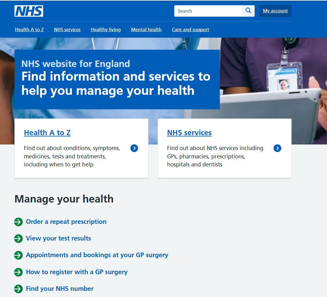 The NHS homepage, containing the two prominent tiles and links described above