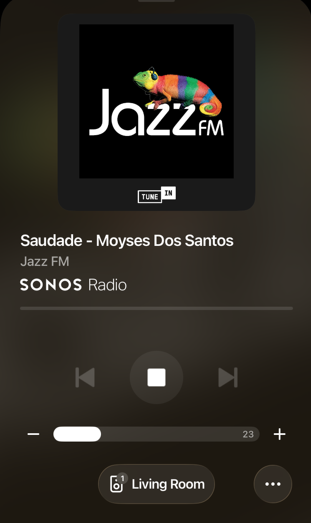 The Sonos app. A volume slider with a minus and plus buttons to its side is visible on screen