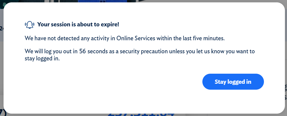 A dialog titled "Your session is about to expire!" containing a brief text and the button "Stay logged in"