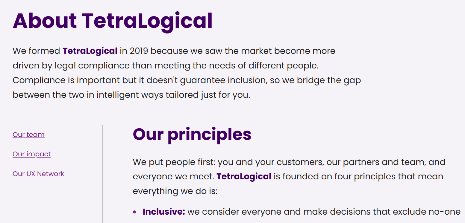 The "About TetraLogical" page containing three links - "Our team", "Our impact", and "Our UX Network"