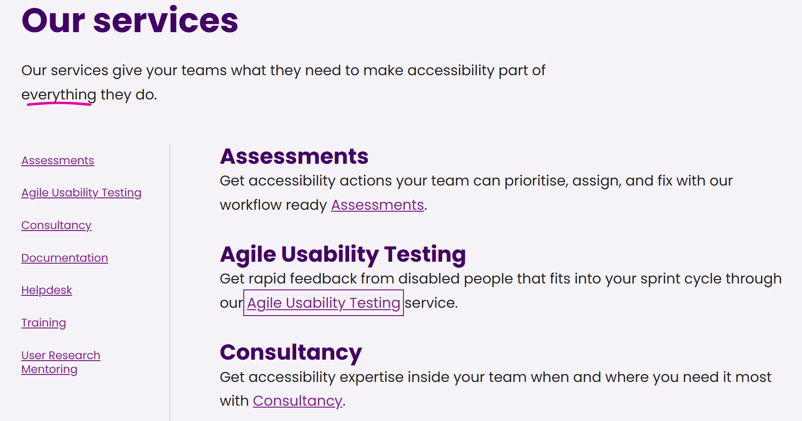 The "Our services" page from the TetraLogical website. A light purple border is visible around a link