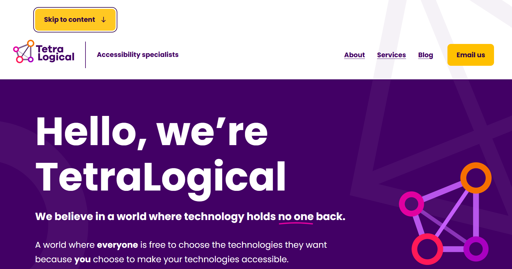 The TetraLogical homepage. A "Skip to content" link is visible at the top of the page
