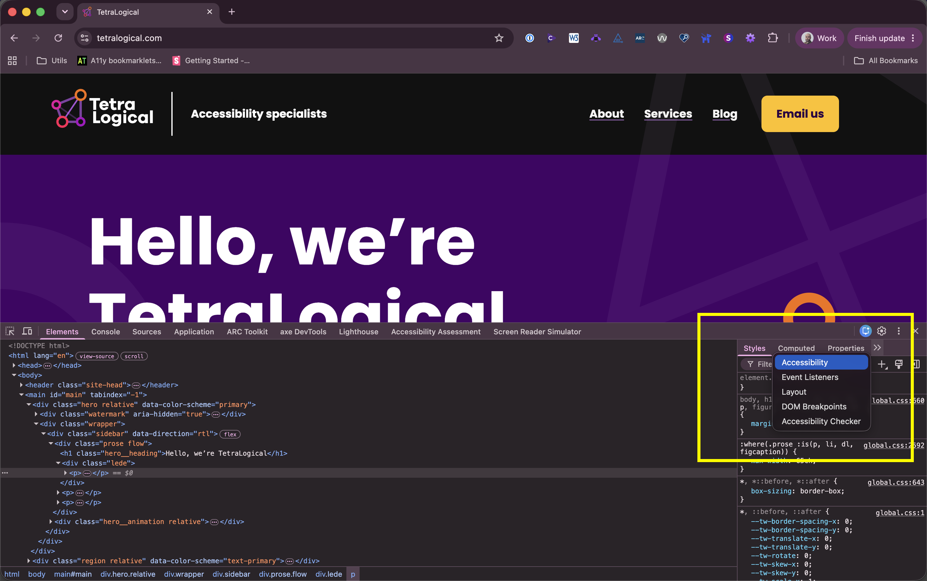 Chrome developer tools with the more tabs menu open and the accessibility tab highlighted.