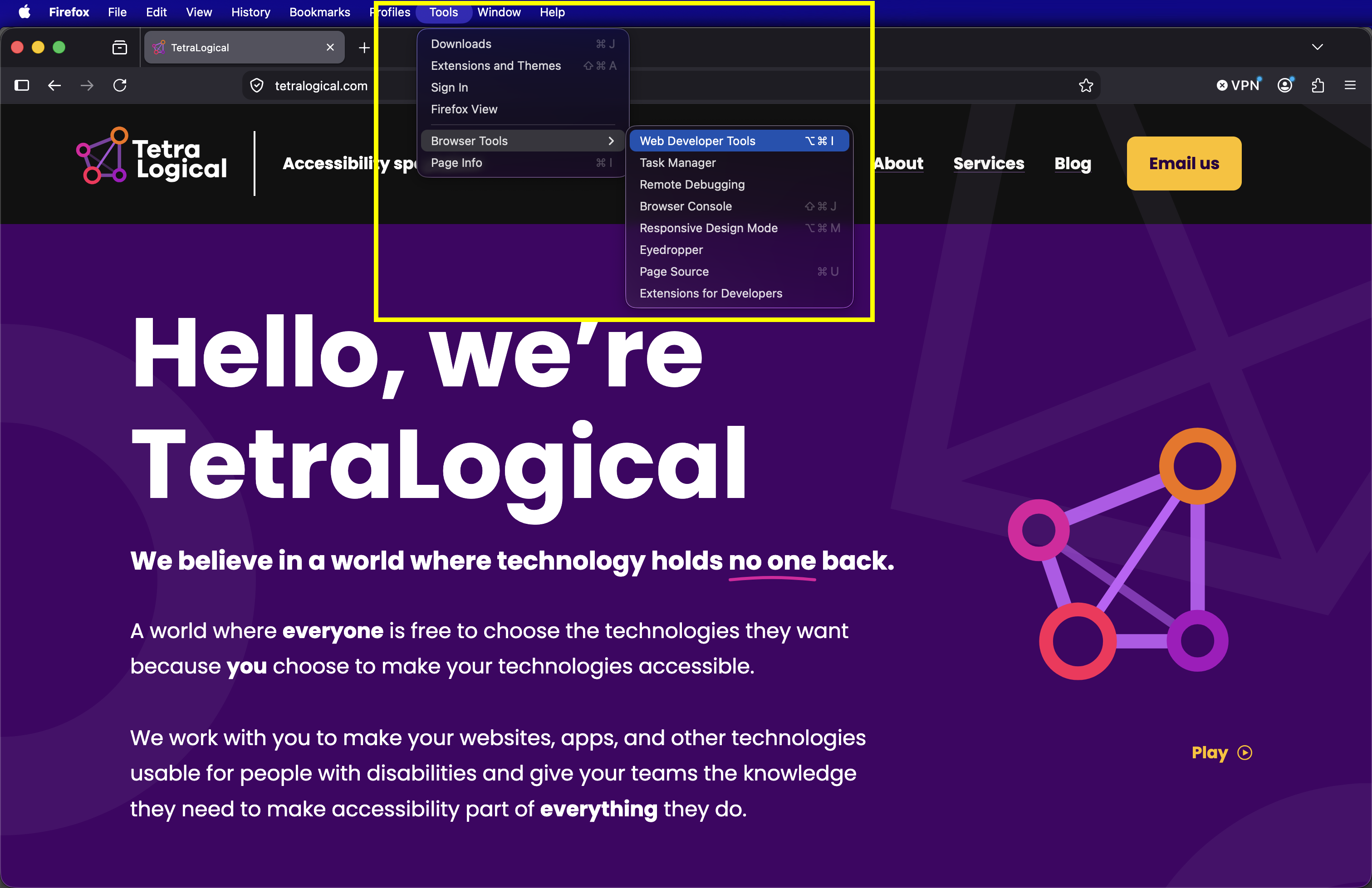 A Firefox window showing the TetraLogical website. The view menu is open, with browser tools expanded, and web developer tools highlighted.
