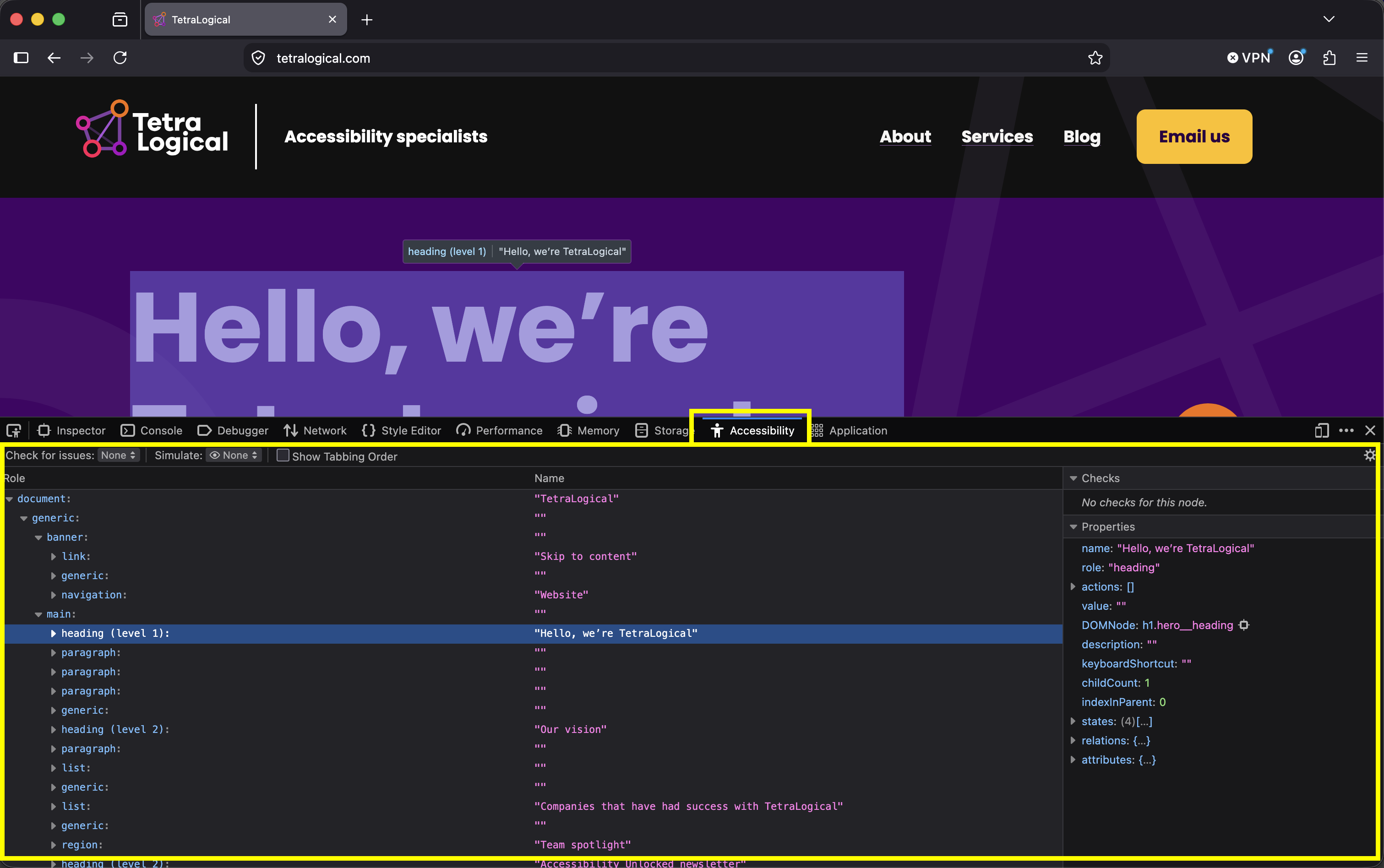 Developer tools in Firefox with the accessibility panel and accessibility tree highlighted.