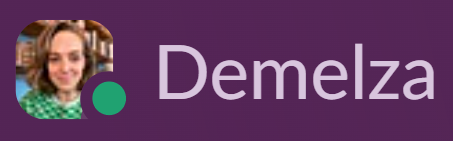 Screenshot of Slack avatar in an active state against a purple background. Active state contains green circle and is for Demelza