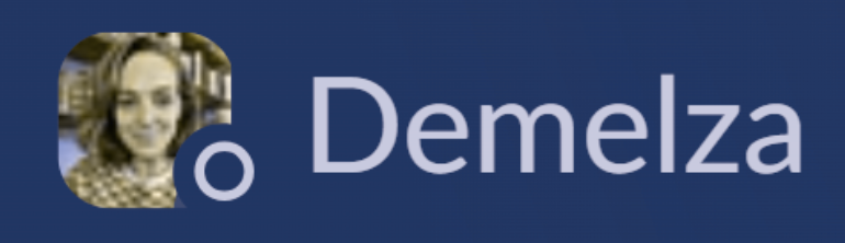 Screenshot of Slack avatar in away state against a blue background. Away state contains a clear circle and is for Demelza