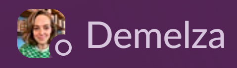 Screenshot of Slack avatar in away state against a purple background. Away state contains a clear circle for Demelza