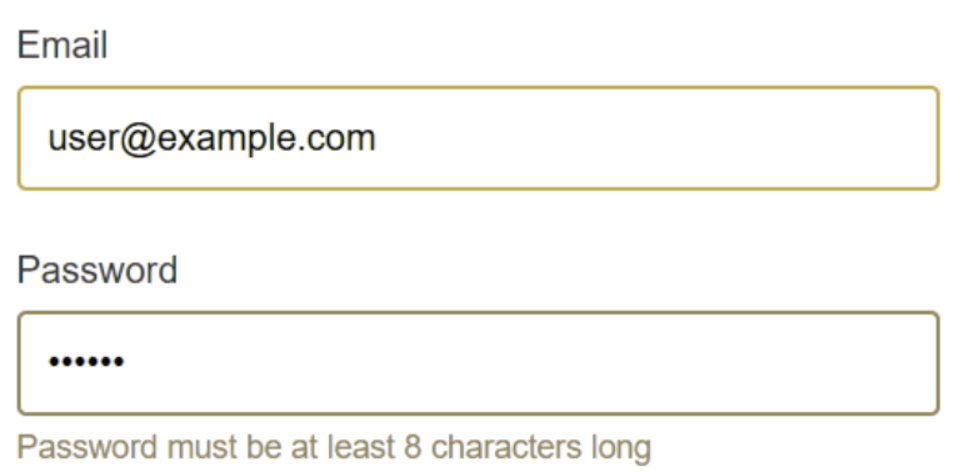 Screenshot of an email field with a green outline to indicate success and a password field that appears green/brown and has an error message below that reads Password must be at least 8 characters long