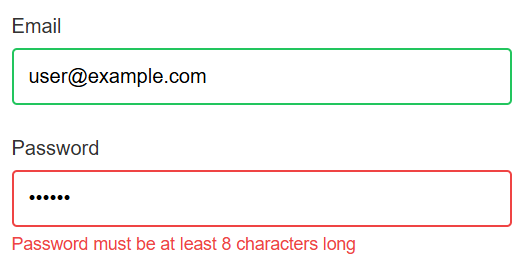 Screenshot of an email field with a green outline to indicate success and the password field in red with an error message below that reads Password must be at least 8 characters long