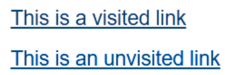 Screenshot of two links. One contains the text This is a visited link, the other contains the text This is an unvisited link, and both appear blue