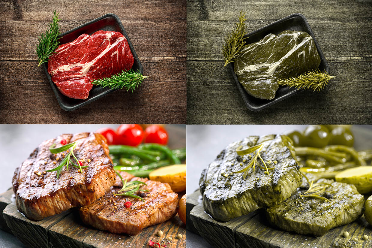 Raw and cooked steak shown on the left and on the right simulated for someone with red-green colour blindness, where the red meat and tomatoes look olive green
