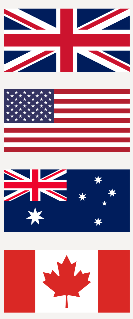 Flags for the UK, USA, Australia and Canada